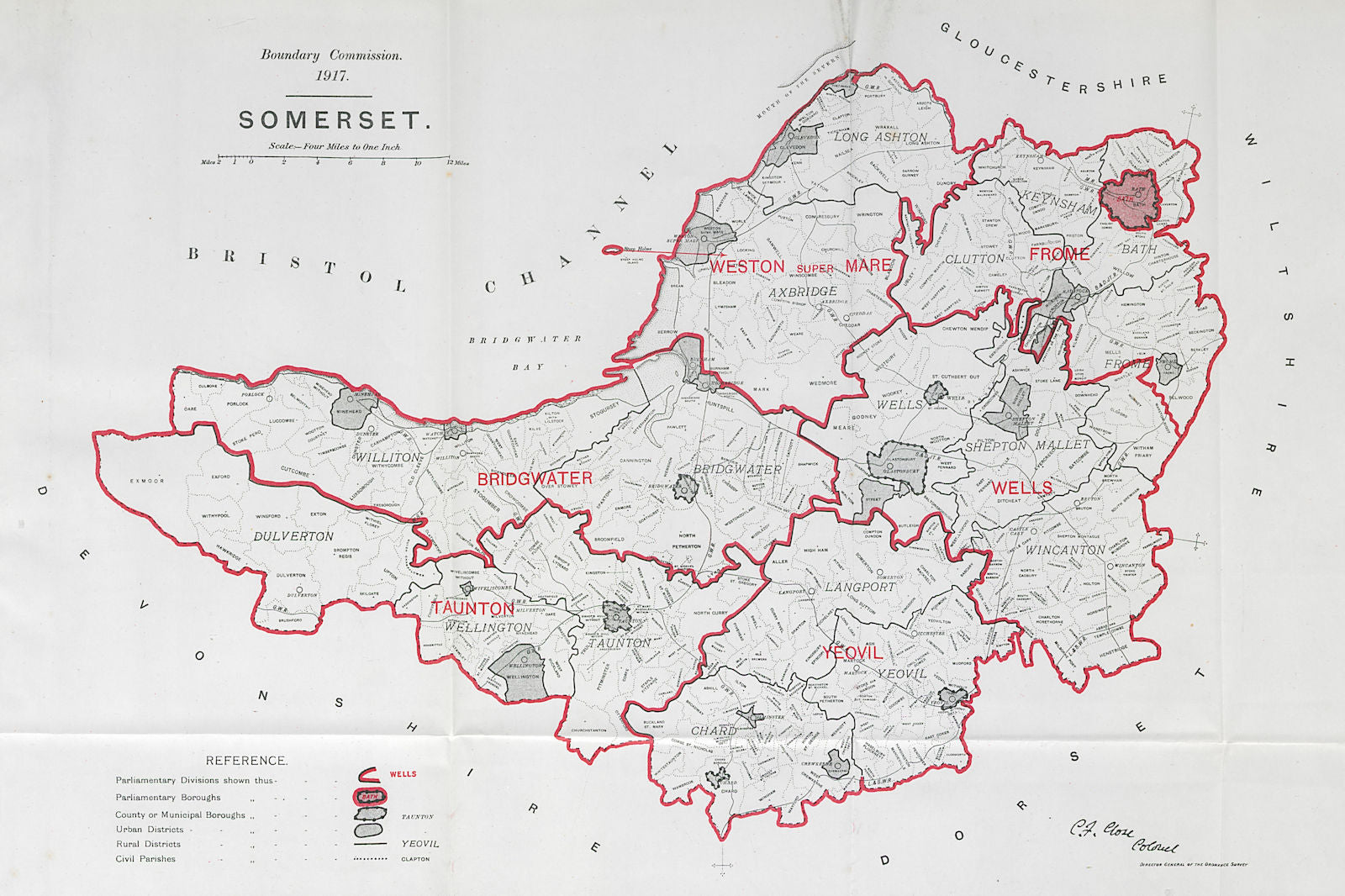 Somerset Parliamentary County. BOUNDARY COMMISSION. Close 1917 old antique map